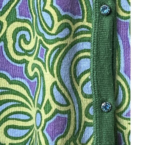 Sigrid Olsen Knit Cardigan Large Green Women's Purple Floral Silk Angora Beaded - Picture 7 of 15